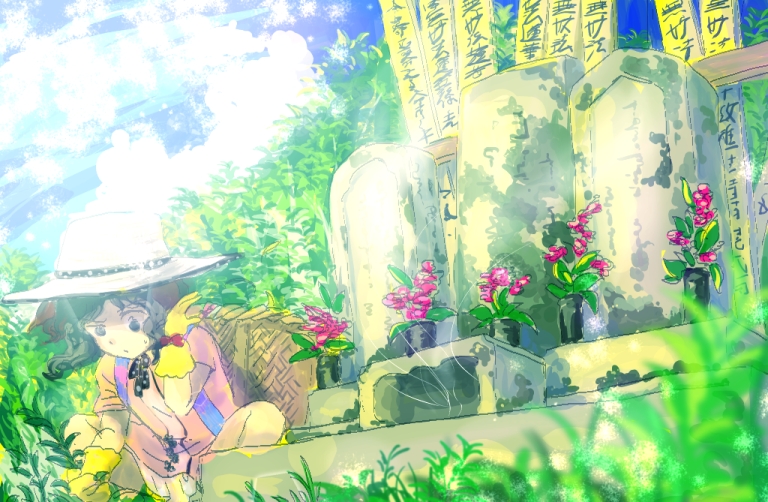 1girl, animal_ears, backpack_basket, basket, cloud, day, dress, female_focus