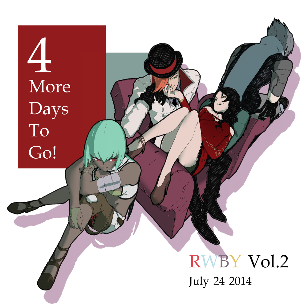 2boys, 2girls, cinder_fall, copyright_name, dark_skin, emerald_sustrai, english_text, long_hair, mercury_black, monorobu, multiple_boys, multiple_girls, nail_polish, orange_hair, roman_torchwick, rwby