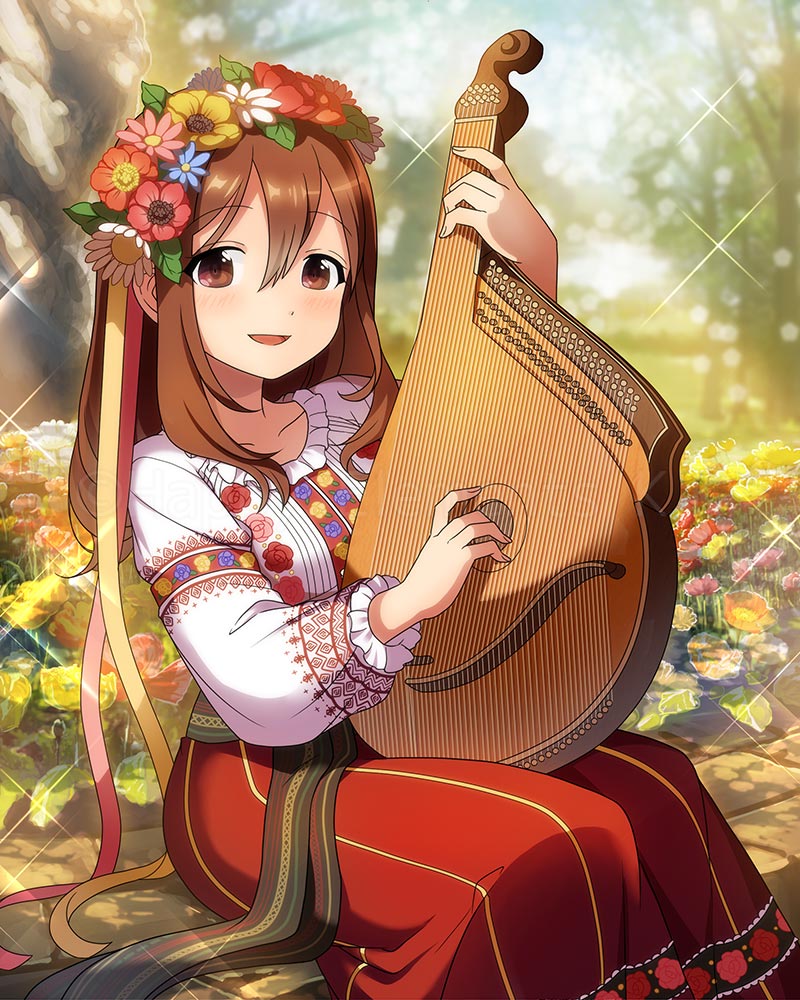 1girl, brown_eyes, brown_hair, daisy_(flower), ensemble_girls!, female_focus, field, flower, flower_field, hair_flower, hair_ornament, hair_ribbon, head_wreath, instrument, long_hair, official_art, original, ribbon, sitting, skirt, slavic_clothes, smile, solo, ukraine, yumeji_maria