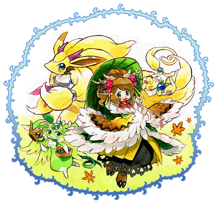 1girl, :3, :d, angelion_(p&amp;d), animal_ears, antlers, brown_hair, carbuncle_(p&amp;d)