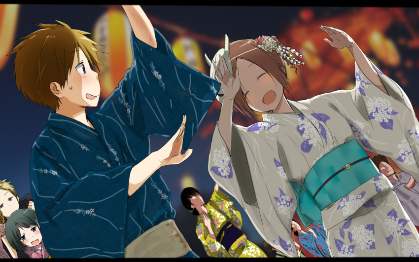 10s, black_hair, blonde_hair, brown_hair, dancing, closed_eyes, fujimiya_kaori, happy