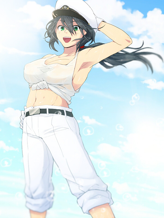 10s, 1girl, admiral_(kancolle), armpits, black_hair, breasts, covered_erect_nipples, female_admiral_(kancolle)