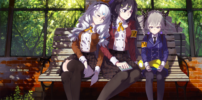3girls, bench, honkai_gakuen, black_eyes, black_hair, bronya_zaychik_(benghuai_xueyuan), cici, closed_eyes