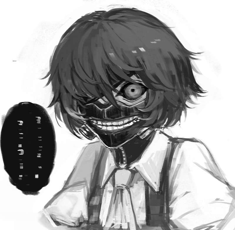 1girl, cosplay, crazy_eyes, creepy, female_focus, greyscale, horror_(theme), kaneki_ken, kaneki_ken_(cosplay), kazami_yuuka, mask, monochrome, necktie, one_eye_closed, parody, shirt, short_hair, sola7764, solo, teeth, tokyo_ghoul, touhou