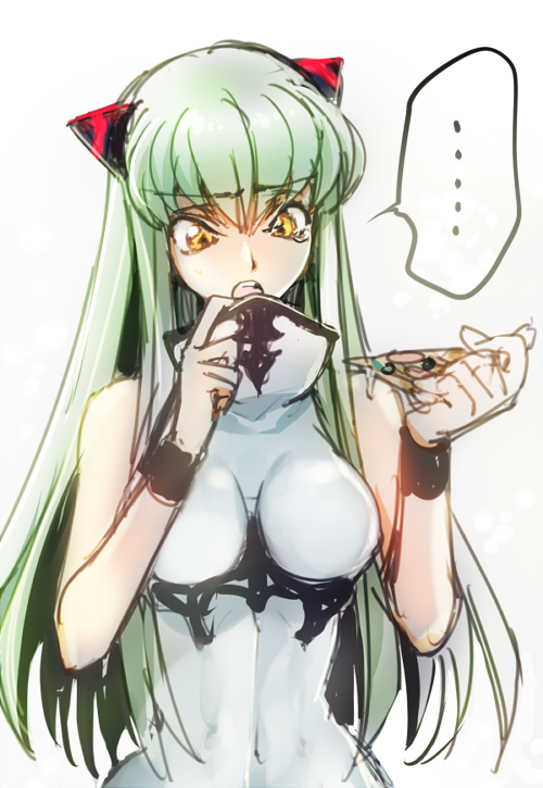 ..., 1girl, airfield_hime_(cosplay), airfield_princess, c.c., code_geass, cosplay, creayus, female_focus, food, green_hair, horns, kantai_collection, leotard, long_hair, pizza, solo, yellow_eyes