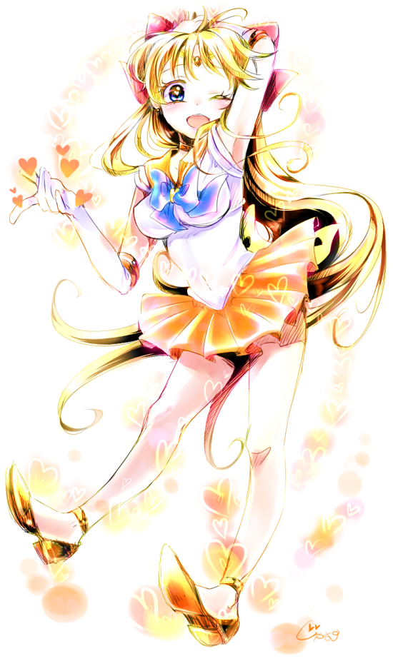 1girl, ;d, aino_minako, arm_up, armpits, bare_legs, bishoujo_senshi_sailor_moon, blonde_hair