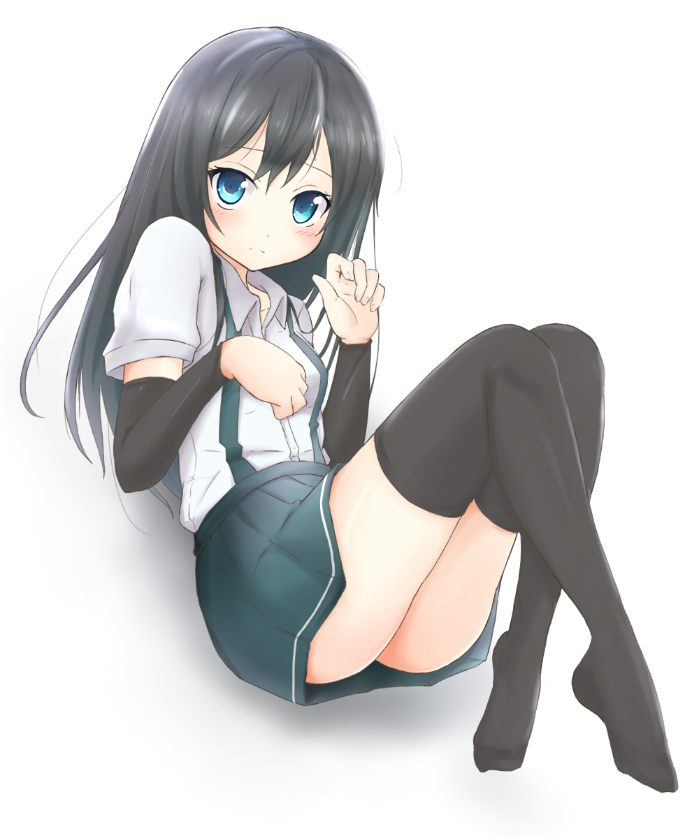 10s, 1girl, arm_warmers, asashio_(kancolle), black_hair, black_thighhighs, blue_eyes, female_focus