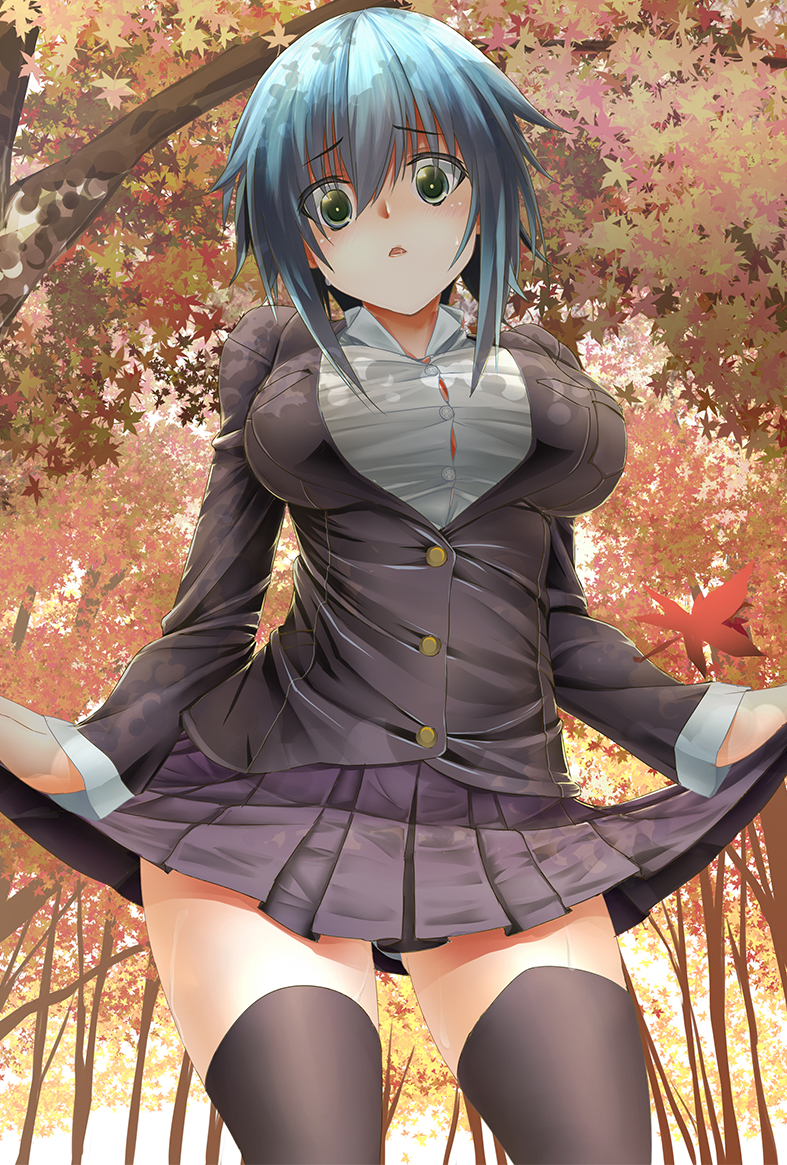 1girl, autumn, autumn_leaves, black_thighhighs, blazer, blouse, blue_eyes, blue_hair