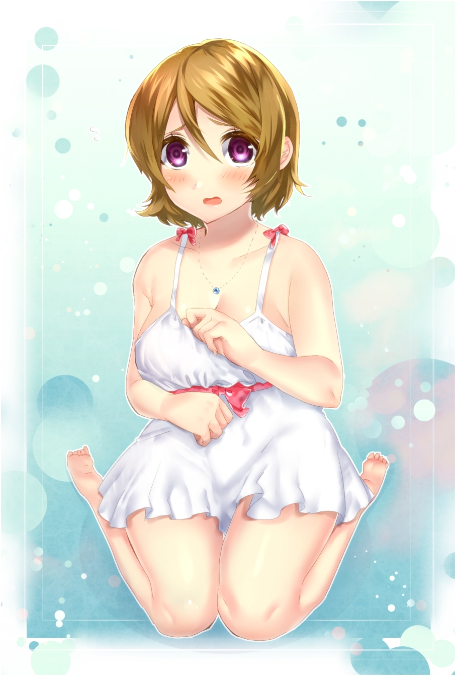 10s, 1girl, bare_shoulders, barefoot, blush, breasts, brown_hair, dress, female_focus, highres, jewelry, koizumi_hanayo, large_breasts, love_live!, love_live!_school_idol_project, necklace, plump, purple_eyes, ruchiteumu, short_hair, shy, solo, sugita_(merinib), tears, thighs