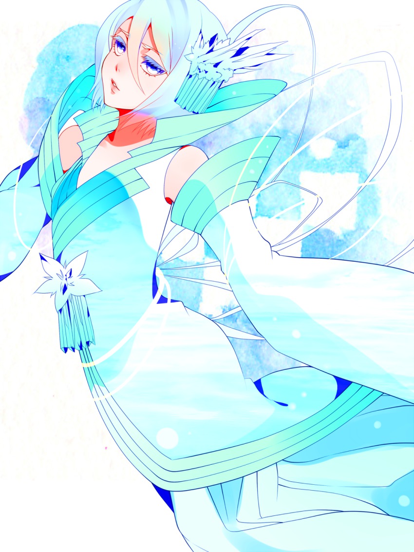 1girl, 7wata_himori, bankai, bare_shoulders, bleach, bleach:_sennen_kessen-hen, blue_eyes, detached_sleeves