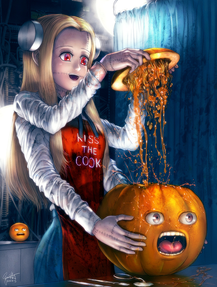 1girl, annoying_orange, apron, blonde_hair, english_text, extra_arms, food, franken_fran