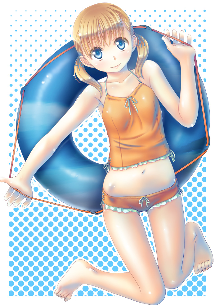 1cm, 1girl, bare_shoulders, barefoot, blonde_hair, blue_eyes, feet, female_focus, innertube, legs, navel, original, polka_dot, polka_dot_background, short_hair, smile, solo, swim_ring, swimsuit, twintails