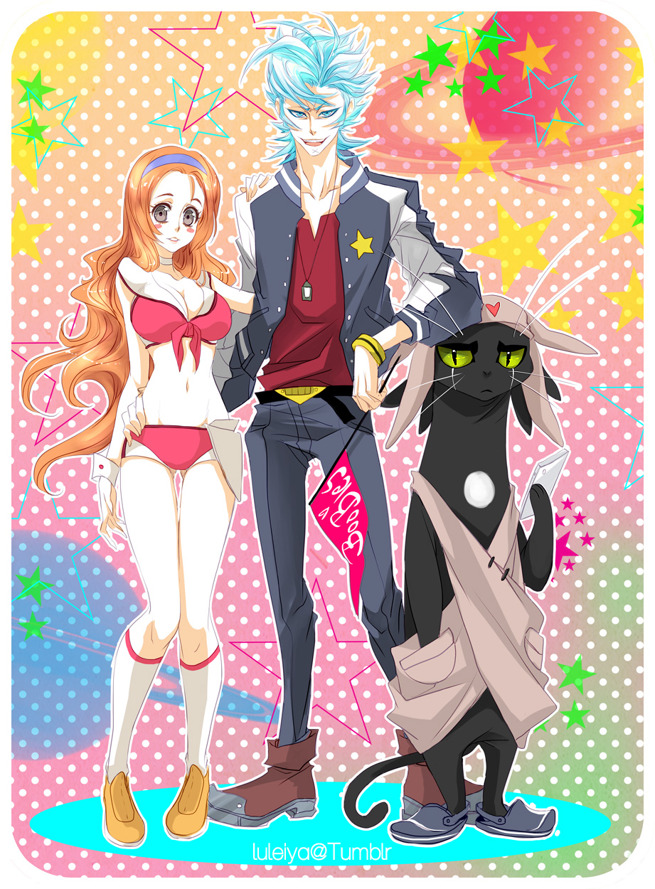 1boy, 1girl, arrancar, bikini, bleach, blue_eyes, blue_hair, boobies_uniform, cosplay, dandy_(space_dandy), dandy_(space_dandy)_(cosplay), grimmjow_jaegerjaquez, hairband, highres, honey_(space_dandy), honey_(space_dandy)_(cosplay), inoue_orihime, long_hair, looking_at_viewer, luluko_(starryluluko), midriff, navel, orange_hair, parody, red_bikini, space_dandy, standing, suwabe_jun'ichi, swimsuit, very_long_hair, voice_actor_connection