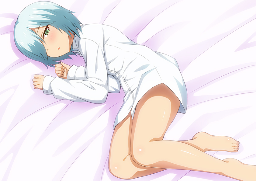 10s, 1girl, bad_id, bad_pixiv_id, barefoot, bed_sheet, blue_eyes, blue_hair