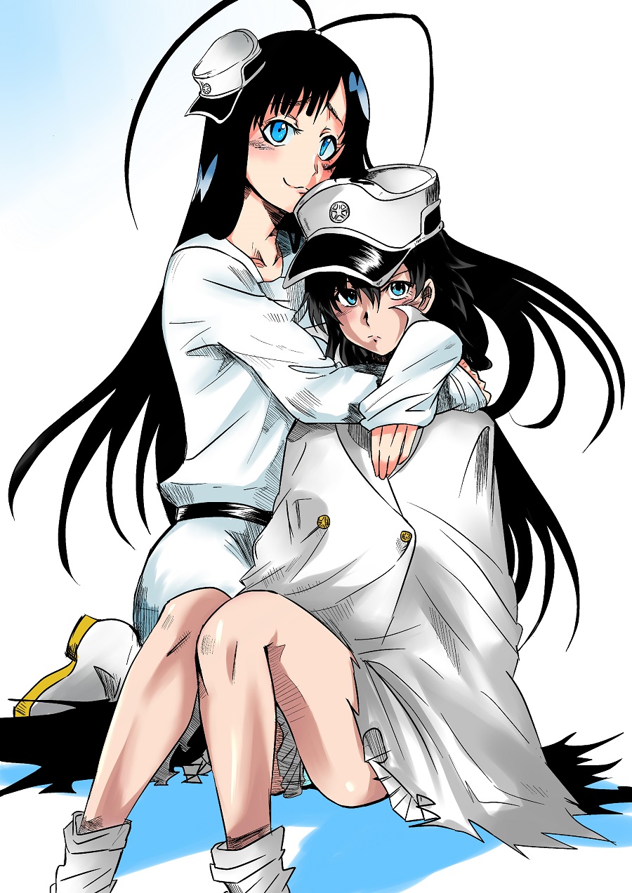 1boy, 1girl, :3, androgynous, antenna_hair, bambietta_basterbine, black_hair, bleach, bleach:_sennen_kessen-hen, blue_eyes, cloak, giselle_gewelle, hat, hetero, highres, hug, kneeling, long_hair, long_sleeves, looking_at_viewer, onuma_kuma, peaked_cap, quincy_(bleach), sitting, sleeves_past_wrists, smile, trap, white_headwear