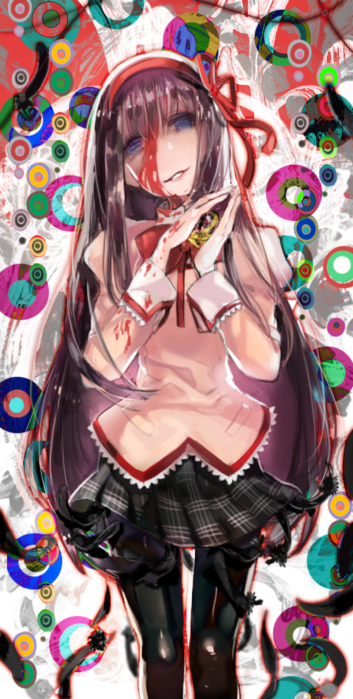 10s, 1girl, akemi_homura, bad_id, bad_pixiv_id, black_hair, black_pantyhose, bleeding