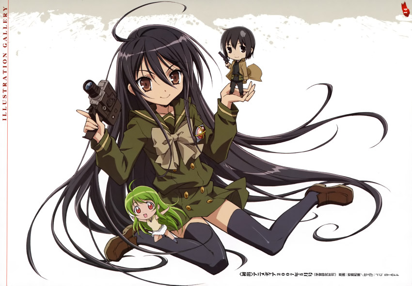 00s, 3girls, absurdres, ahoge, alastor_(shakugan_no_shana), black_hair, brown_eyes, camera