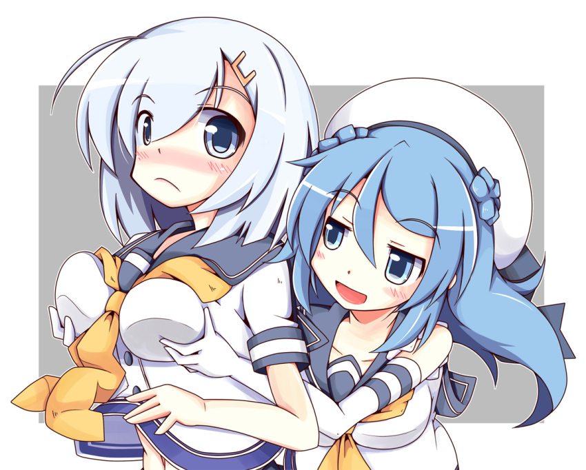 10s, 2girls, ahoge, bare_shoulders, beret, blue_eyes, blue_hair, blush