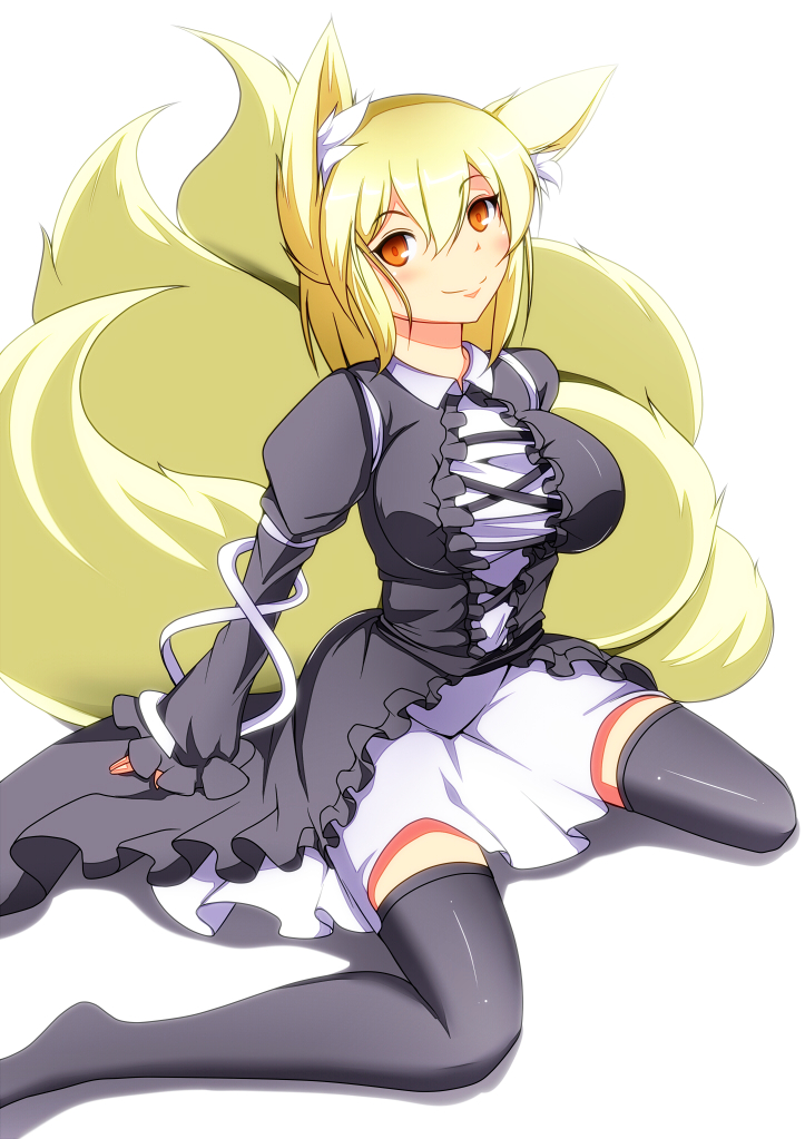 1girl, animal_ears, arms_behind_back, black_thighhighs, blonde_hair, breasts, cosplay, dress