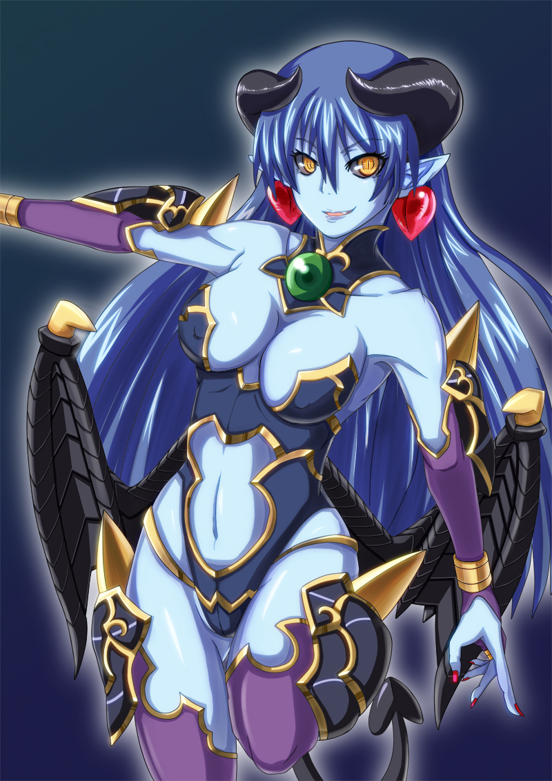 1girl, :d, arm_at_side, armor, armpits, astaroth_(shinrabanshou), bare_shoulders, black_leotard, black_sclera, black_wings, blue_background, blue_hair, blue_skin, bracelet, breasts, bridal_gauntlets, cleavage, colored_sclera, colored_skin, covered_erect_nipples, cowboy_shot, daiichi_(k_daiiti), demon_girl, demon_tail, demon_wings, detached_collar, earrings, fang, faulds, female_focus, fingernails, hair_between_eyes, happy, heart, heart_earrings, highleg, highleg_leotard, horns, jewelry, leg_lift, leotard, long_fingernails, long_hair, looking_at_viewer, low_wings, medium_breasts, nail_polish, navel, open_mouth, outline, outstretched_arm, parted_lips, pauldrons, pointy_ears, purple_thighhighs, red_nails, shinrabanshou, shoulder_armor, sideboob, simple_background, slit_pupils, smile, solo, spikes, standing, standing_on_one_leg, strapless, strapless_leotard, tail, thigh_gap, thighhighs, turtleneck, very_long_hair, wings, yellow_eyes