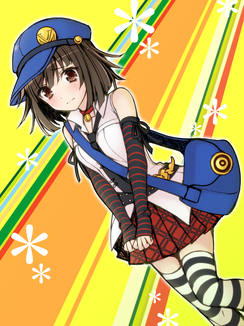 1girl, bag, bakemonogatari, brown_eyes, brown_hair, cosplay, hanazawa_kana, hat