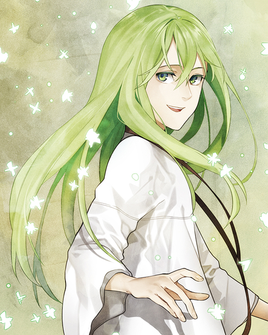 1boy, enkidu_(fate), fate/strange_fake, fate_(series), green_eyes, green_hair, long_hair, male_focus