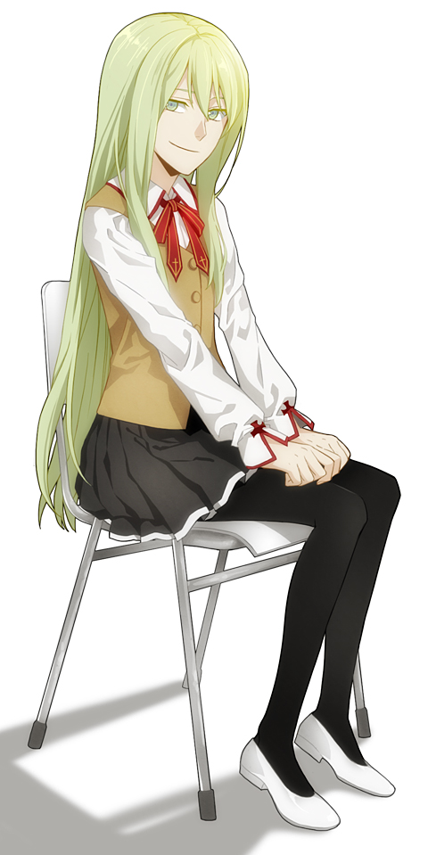 1boy, androgynous, black_pantyhose, chair, crossdressing, crossdressing_(mtf), enkidu_(fate), fate/strange_fake, fate_(series), green_eyes, green_hair, long_hair, male_focus, matching_hair/eyes, pantyhose, school_uniform, sindri, sitting, solo, trap