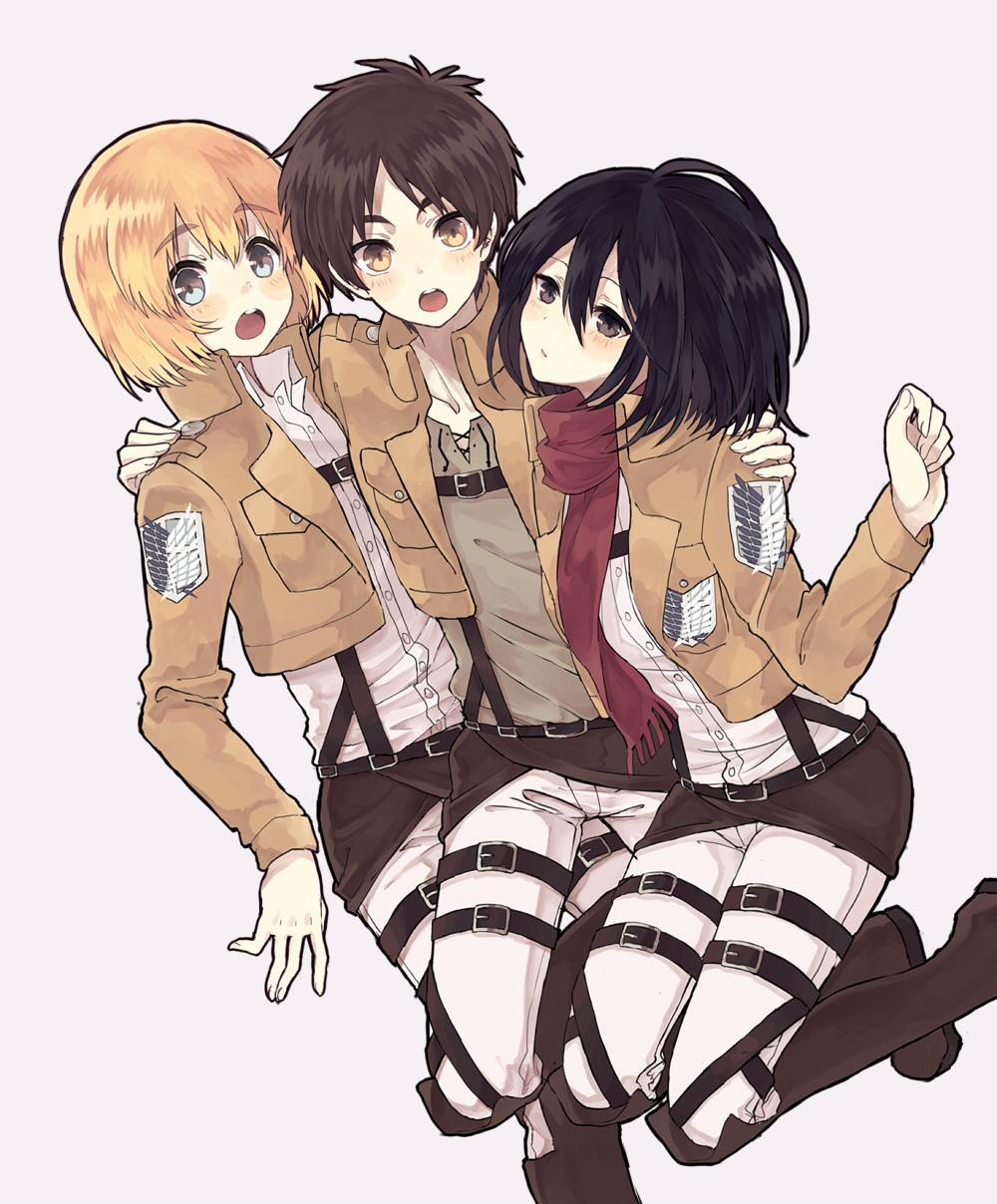 1girl, 2boys, :o, aizawa_mota, armin_arlert, blush, eren_yeager, highres, hug, mikasa_ackerman, military, military_uniform, multiple_boys, sandwiched, scarf, shingeki_no_kyojin, short_hair