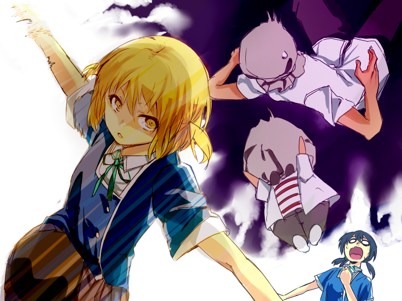 2girls, blonde_hair, blue_hair, d-frag!, funabori, multiple_girls, nagayama, open_mouth, pants, pantyhose, school_uniform, shibasaki_roka, shoes, short_hair, skirt, twintails, yellow_eyes, yokoshima