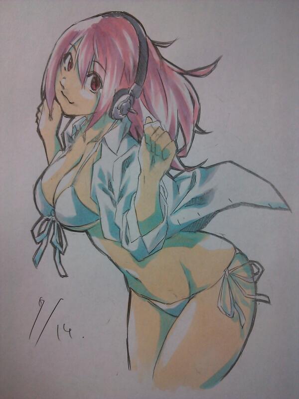 1girl, :3, bad_id, bad_pixiv_id, bikini, breasts, cleavage, eisuke_(gobangai_hole_boys), esukebe, female_focus, headphones, large_breasts, long_hair, looking_at_viewer, navel, nitroplus, open_clothes, open_mouth, open_shirt, pink_hair, shirt, smile, solo, super_sonico, swimsuit, traditional_media, white_bikini