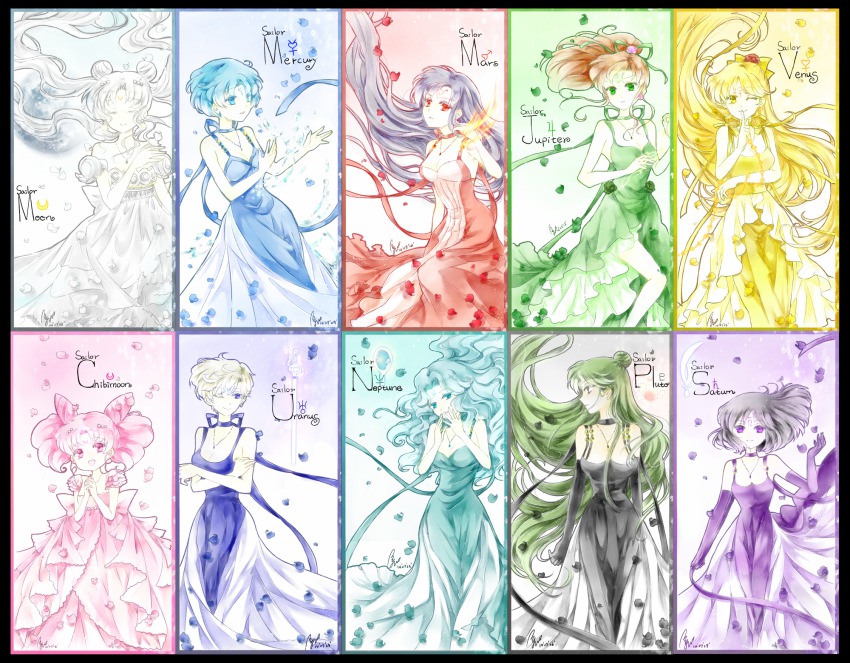 10s, 1990s_(style), 2014, 6+girls, aino_minako, aqua_dress, aqua_hair, bishoujo_senshi_sailor_moon