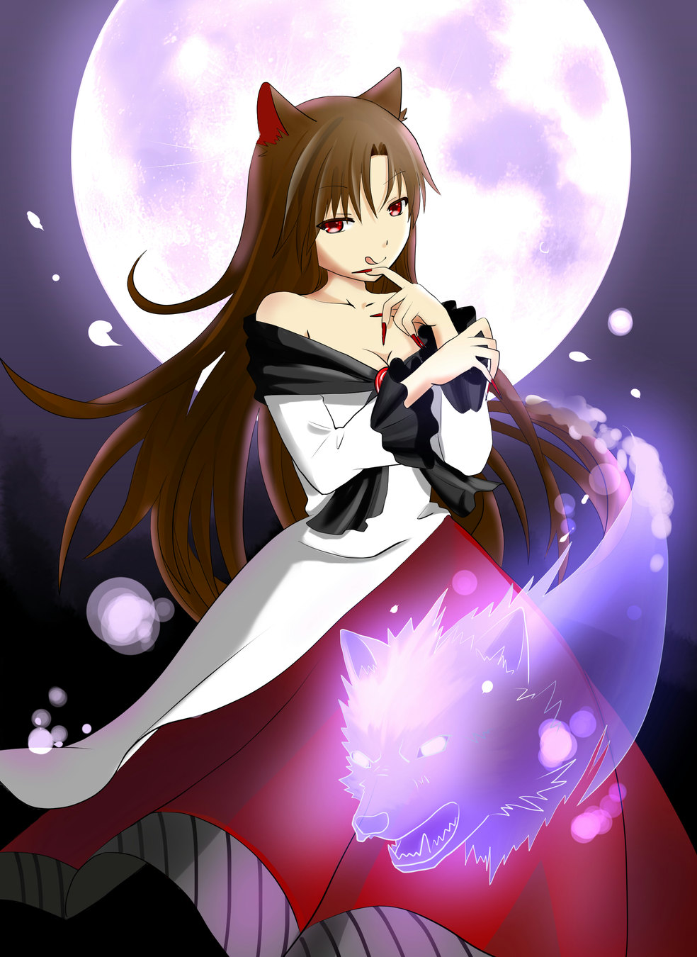 1girl, animal_ears, bare_shoulders, breasts, brown_hair, cleavage, collarbone, dress, female_focus, fingernails, full_moon, heisotsu_(otanushi), highres, imaizumi_kagerou, jewelry, long_hair, looking_at_viewer, moon, night, red_eyes, solo, spirit, tongue, tongue_out, touhou, wolf_ears