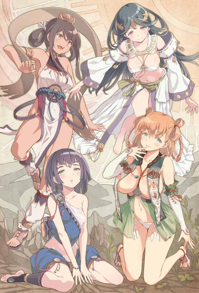 4girls, :o, anklet, ayakashikone, barefoot, barefoot_sandals_(jewelry), black_hair, blush