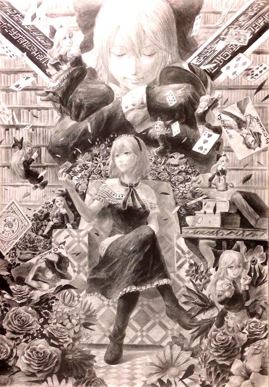 3girls, alice_margatroid, book, book_stack, bookshelf, boots, bow, capelet