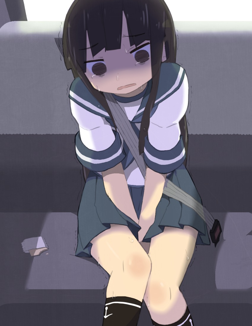 10s, 1girl, bad_id, bad_pixiv_id, bags_under_eyes, black_hair, black_socks, blunt_bangs, brown_eyes, car, car_interior, crying, crying_with_eyes_open, empty_eyes, female_focus, hatsuyuki_(kancolle), have_to_pee, highres, kantai_collection, motor_vehicle, school_uniform, seatbelt, serafuku, sitting, skirt, socks, solo, sweat, tears, trembling, turn_pale, v_arms, zakone