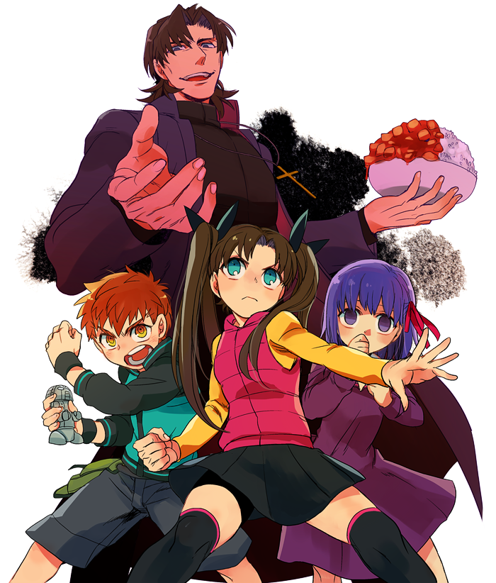 2boys, 2girls, aged_down, brown_hair, capsule_servant, child, emiya_shirou, emiya_shirou_(capsule_servant), fate/stay_night, fate/zero, fate_(series), food, ido_(nothing679), kotomine_kirei, mapo_tofu, matou_sakura, matou_sakura_(fate/zero), multiple_boys, multiple_girls, purple_hair, red_hair, tohsaka_rin, tohsaka_rin_(capsule_servant)