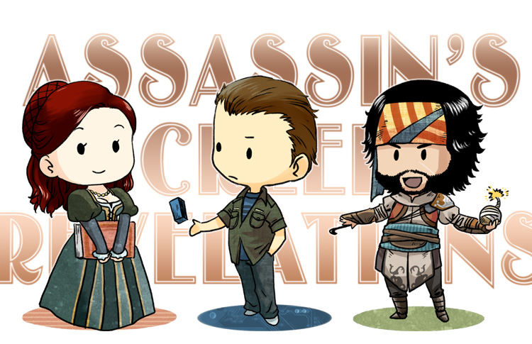 1girl, 2boys, assassin's_creed:_revelations, assassin's_creed_(series), beard, black_hair, bomb, book