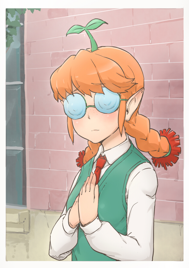 10s, 1girl, blush, braid, coke-bottle_glasses, eyebrows, female_focus, freckles, freckles_(space_dandy), frown, glasses, hands_on_own_chest, leaf, long_sleeves, necktie, orange_hair, plant, pointy_ears, school_uniform, solo, space_dandy, sweater_vest, tooru0908, twin_braids, upper_body, vest