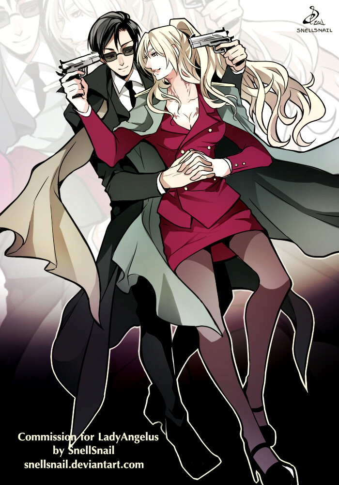 1boy, 1girl, balalaika_(black_lagoon), black_lagoon, blonde_hair, blue_eyes, breasts, cleavage