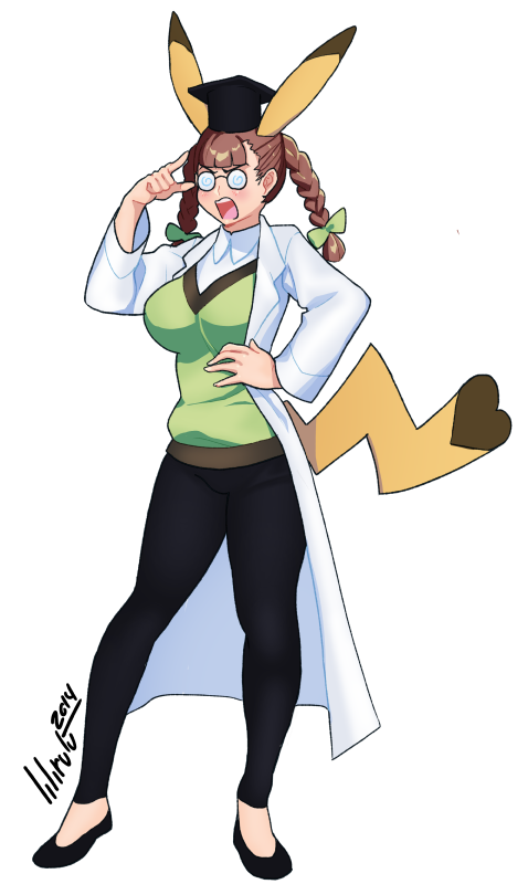 10s, 1girl, @_@, animal_ears, bow, braid, breasts, coke-bottle_glasses, cosplay_pikachu, female_focus, flats, full_body, gen_1_pokemon, glasses, graduation, hair_bow, hand_on_own_hip, hat, lab_coat, large_breasts, lilirulu, nintendo, pants, personification, pikachu, pikachu_ears, pikachu_phd, pikachu_tail, pokemon, pokemon_omega_ruby_and_alpha_sapphire, pokemon_tail, round_eyewear, solo, tail, transparent_background, twin_braids, v-neck