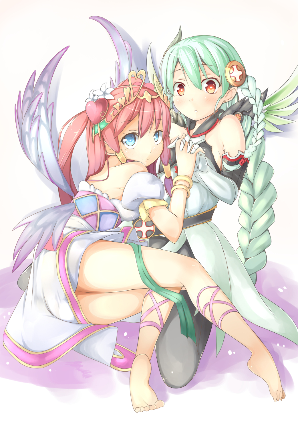 2girls, :<, aqua_hair, armor, armored_dress, bare_shoulders, barefoot, black_dress