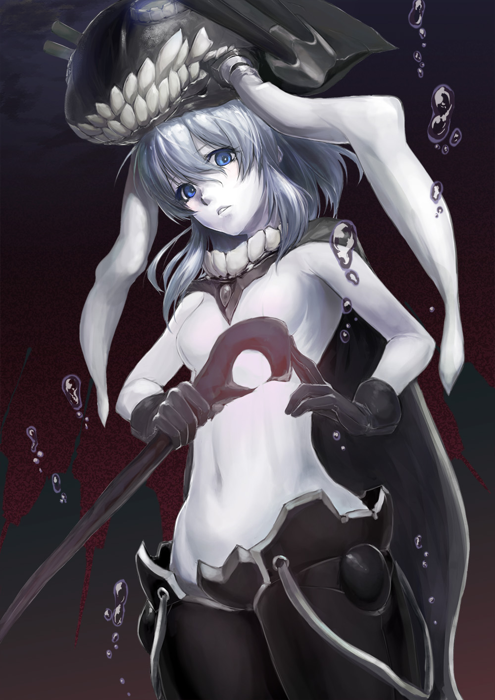 10s, 1girl, abyssal_ship, blue_eyes, bodysuit, cape, female_focus, highres