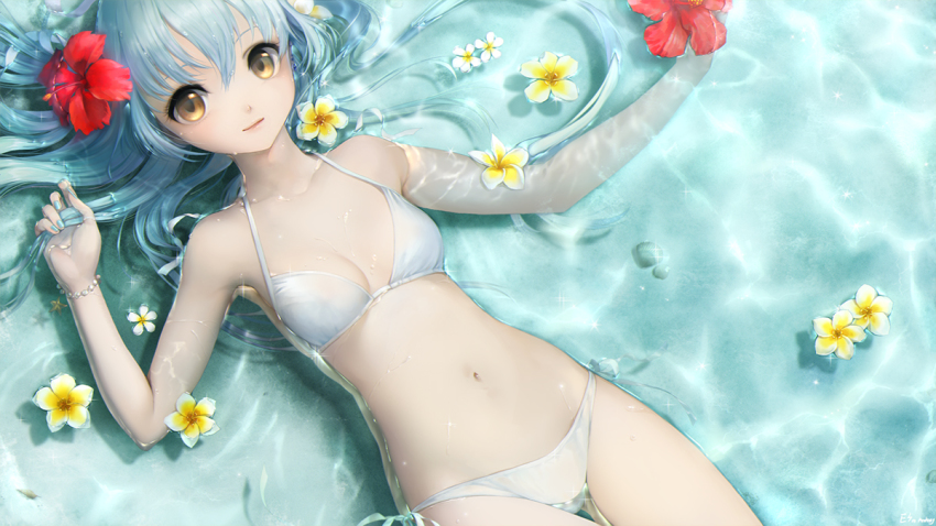 1girl, bikini, blue_hair, bracelet, brown_eyes, erian, female_focus, flat_chest