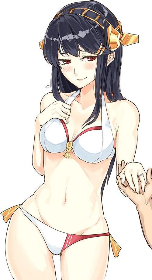10s, 1boy, 1girl, adapted_costume, bikini, black_hair, blush, contrapposto