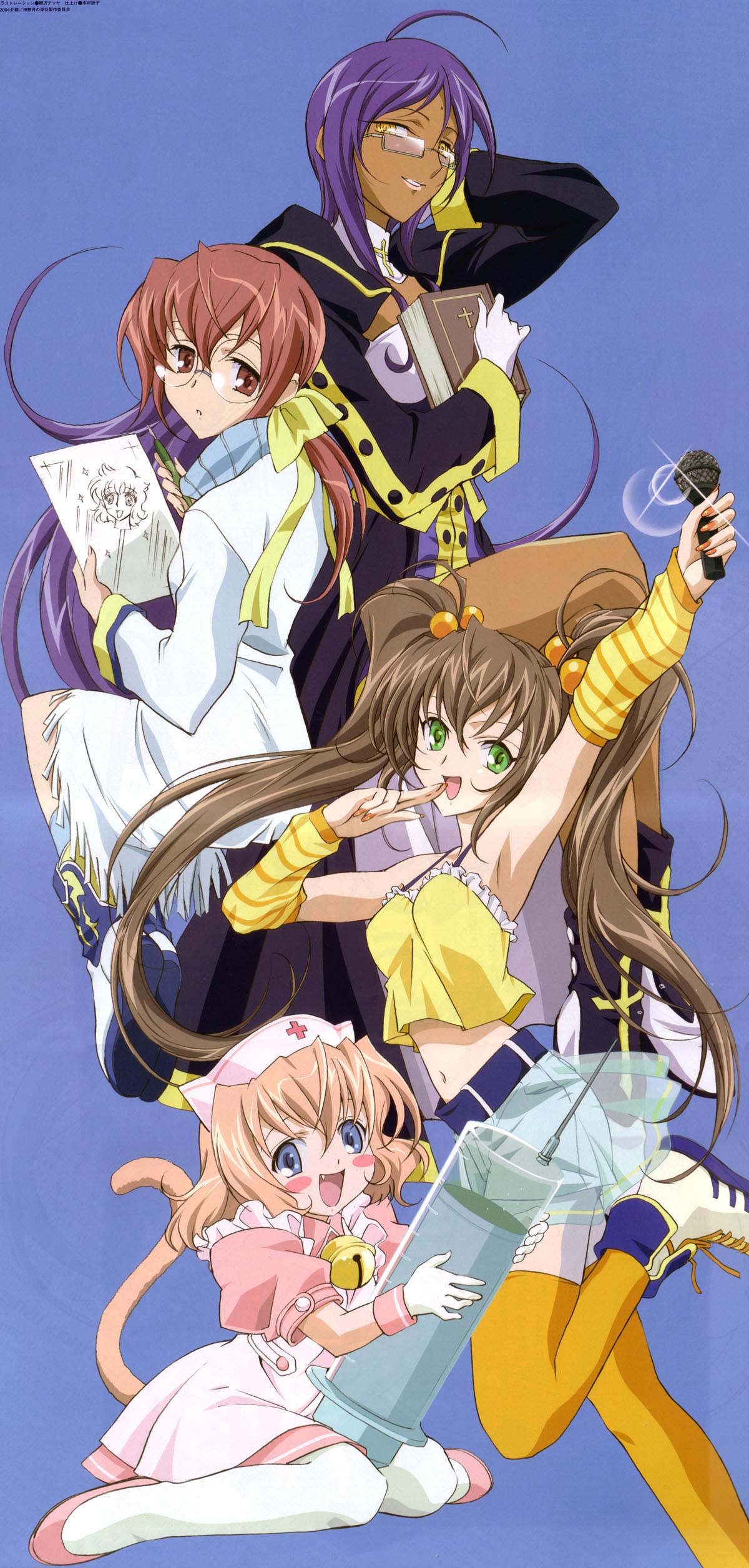 4girls, :d, :o, absurdres, age_difference, ahoge, apron, arm_behind_head