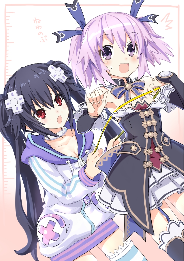 2girls, alternate_hairstyle, bare_shoulders, black_hair, black_legwear, blush, boots, bow, breasts, bridal_gauntlets, bust_measuring, choker, cleavage, collarbone, cosplay, costume_switch, d-pad, detached_collar, detached_sleeves, dress, embarrassed, flat_chest, garter_straps, hair_ornament, hair_ribbon, hood, hoodie, long_hair, measuring, multiple_girls, neptune_(neptunia), neptune_(neptunia)_(cosplay), neptune_(series), noire_(neptunia), noire_(neptunia)_(cosplay), open_mouth, oversized_clothes, purple_eyes, purple_hair, red_eyes, ribbon, shiitake_urimo, short_hair, small_breasts, smile, striped_clothes, striped_legwear, striped_thighhighs, surprised, sweatdrop, tape_measure, thigh_boots, thighhighs, twintails, very_long_hair