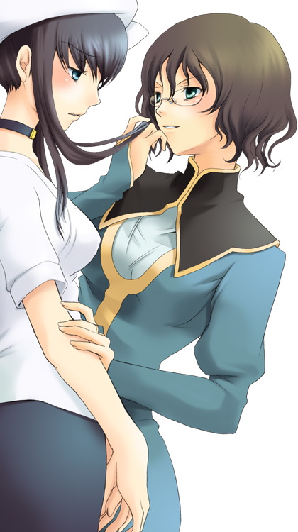 00s, 2girls, arm_grab, black_hair, blue_eyes, blush, breasts, brown_hair, choker, dress, eye_contact, glasses, grabbing_another's_hair, green_eyes, gundam, gundam_00, hair_up, hat, holding_another's_hair, long_hair, long_sleeves, looking_at_another, marina_ismail, military, military_uniform, multiple_girls, naughty_face, oujima_tamaki, princess, shirin_bakhtiar, short_hair, short_sleeves, sidelocks, simple_background, smile, upper_body, white_background, white_dress, yuri
