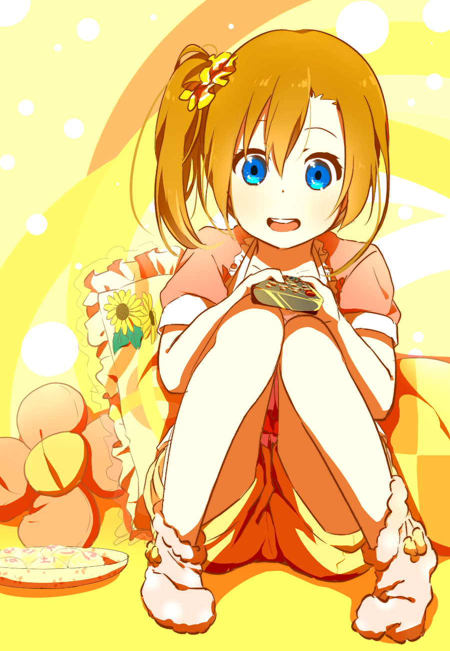 10s, 1girl, blue_eyes, brown_hair, controller, female_focus, food, highres