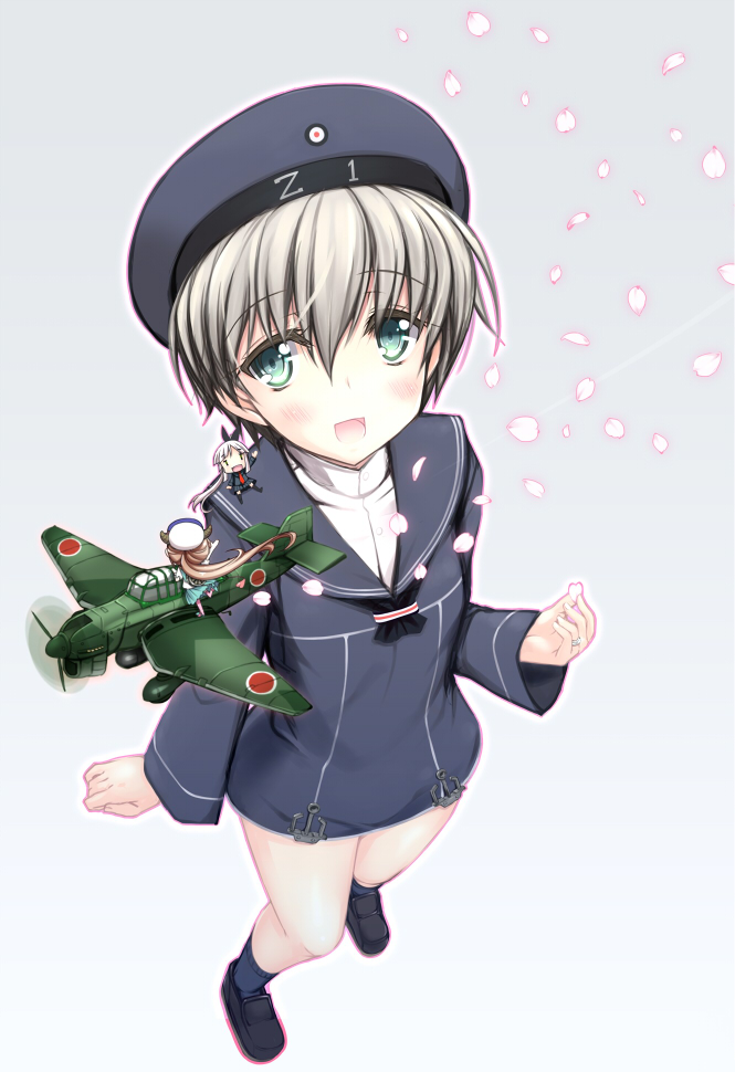 10s, 2cm_flakvierling_38, 3girls, :d, aircraft, airplane, aqua_eyes, aqua_skirt, beret, black_skirt, blue_legwear, blush, bomber, bottomless, brown_hair, buttons, clothes_writing, fairy, fairy_(kancolle), from_above, grey_background, hat, holding, jewelry, ju_87, ju_87c_kai, junkers_ju_87, kantai_collection, loafers, long_hair, long_sleeves, military, military_uniform, multiple_girls, on_shoulder, open_mouth, ornate_ring, petals, pleated_skirt, ponytail, ring, sailor_collar, sailor_hat, shiwo, shoes, short_hair, short_sleeves, silver_hair, skirt, smile, wedding_ring, z1_leberecht_maass_(kancolle)