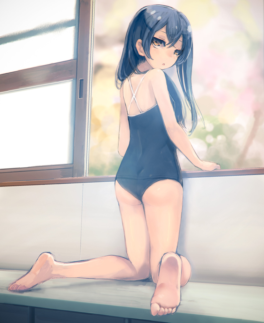 10s, 1girl, absurdres, ass, barefoot, black_hair, brown_eyes, competition_school_swimsuit